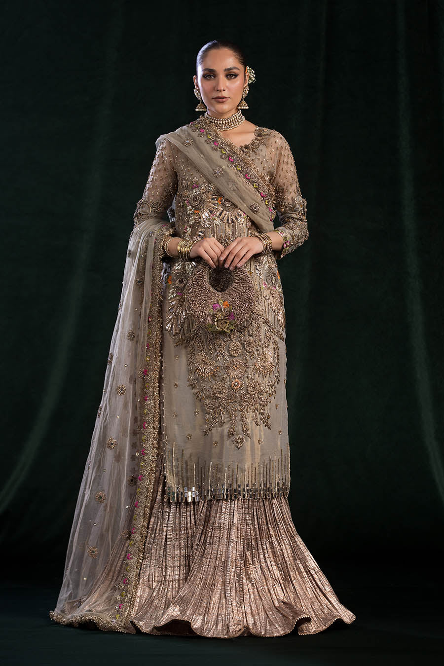 KHUDA BAKSH | 4 Piece Hand-Embroidered Mesuri Sharara Set P-260 | Ready to wear - Image 2