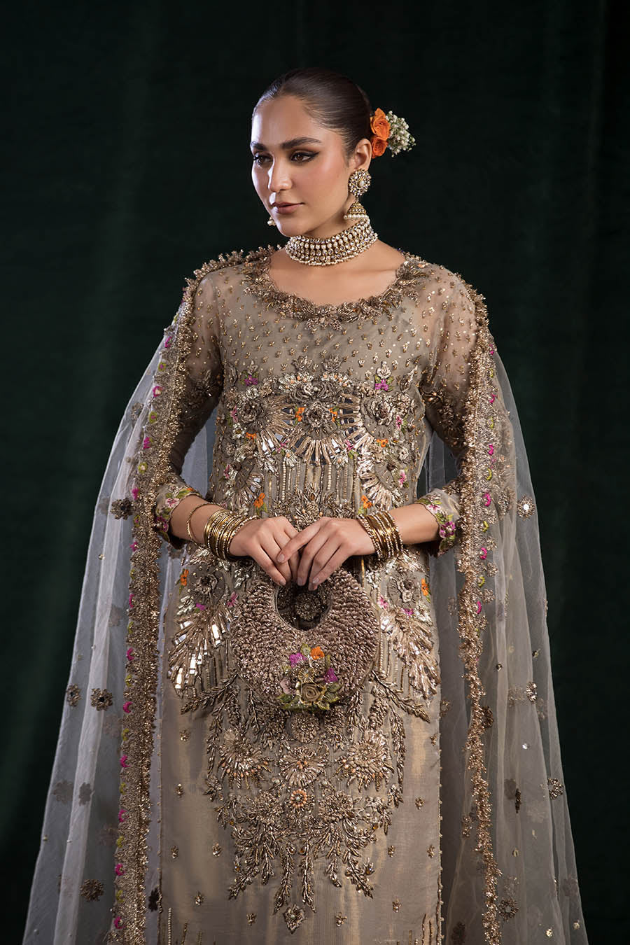 KHUDA BAKSH | 4 Piece Hand-Embroidered Mesuri Sharara Set P-260 | Ready to wear - Image 3