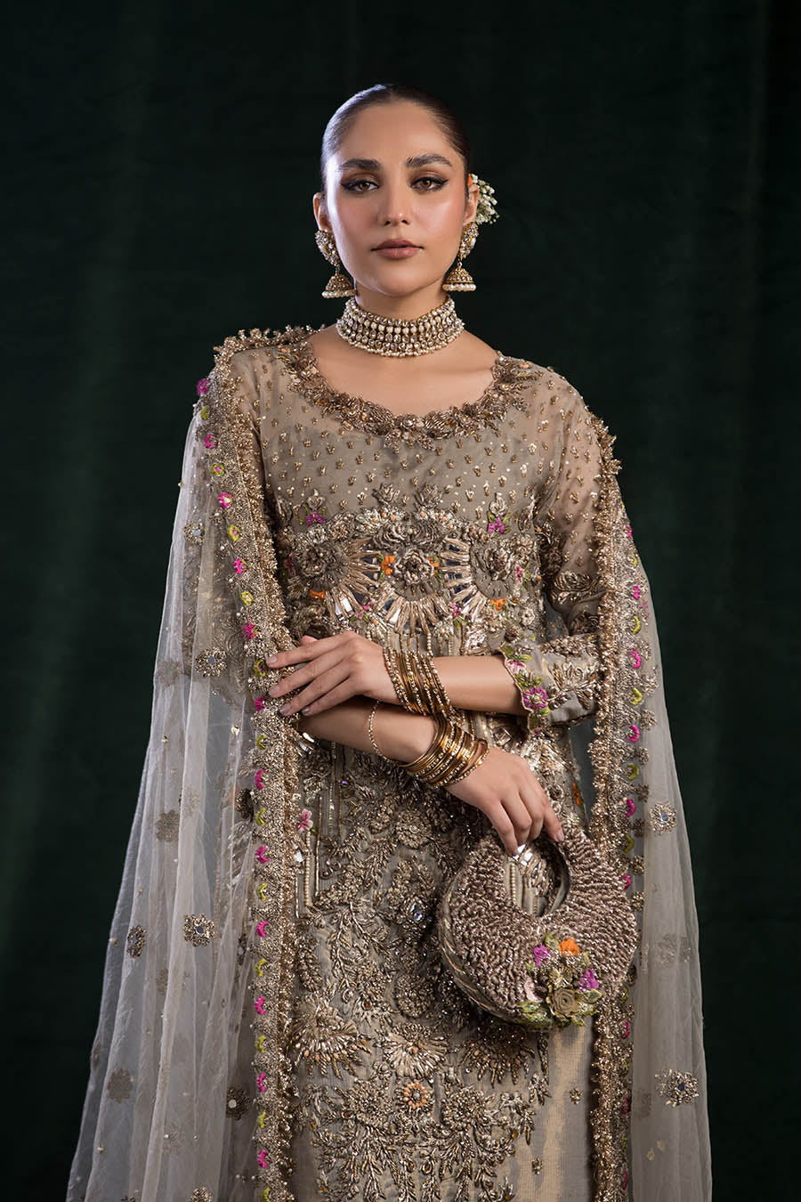 KHUDA BAKSH | 4 Piece Hand-Embroidered Mesuri Sharara Set P-260 | Ready to wear - Image 4
