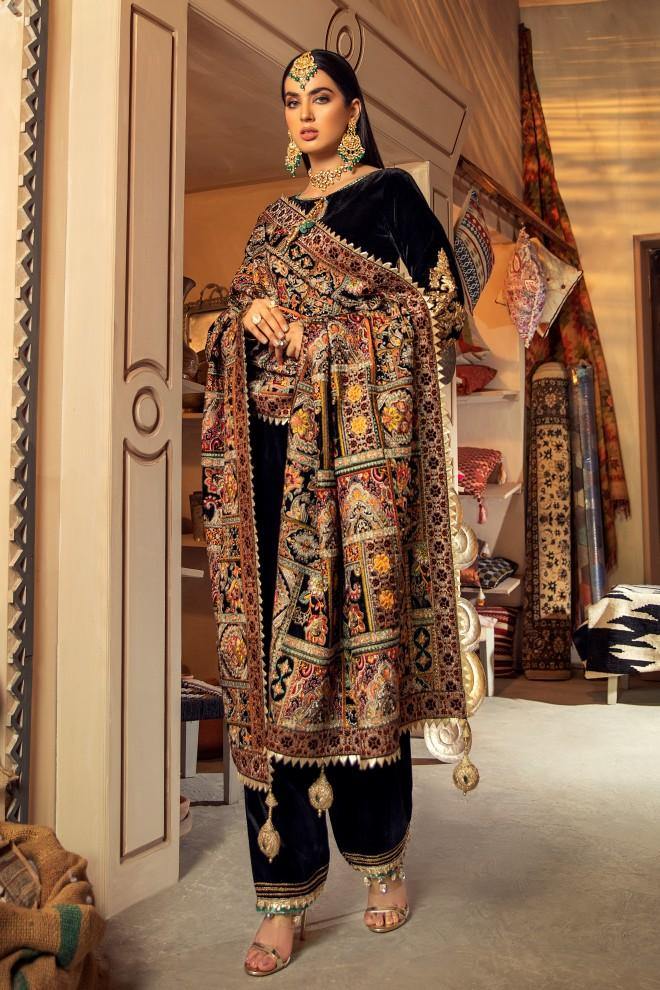 KHUDA BAKSH | 3 Piece Micro Velvet Suit with Thread Work Shawl-P-208 | Ready to wear - Image 3
