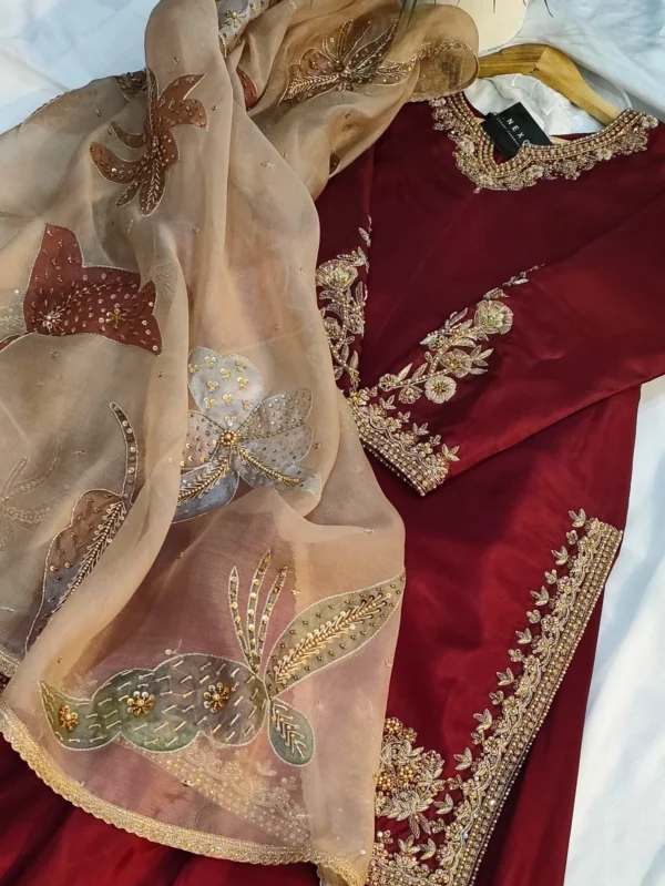 3 Piece Maroon Rouge Handworked Sharara Set