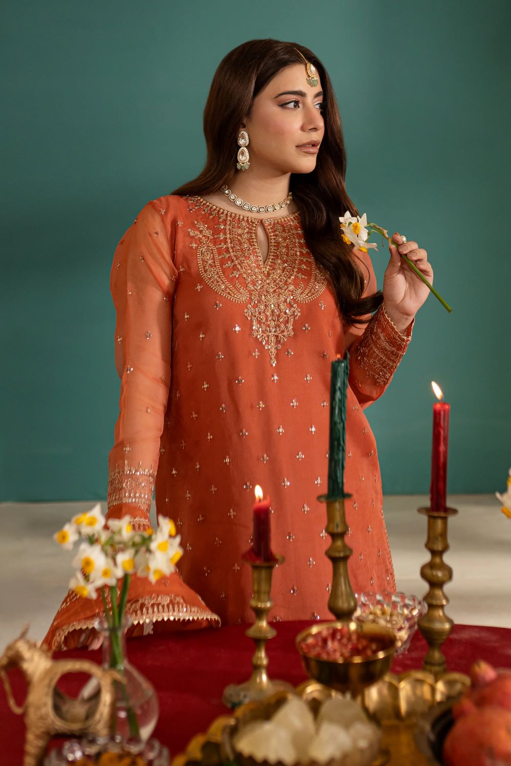 Batik | Rust Gold 3Pc - Embroidered Luxe Pret | Ready to wear - Image 6