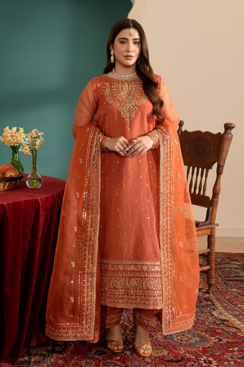 Rust Gold 3Pc - Embroidered Luxe Pret