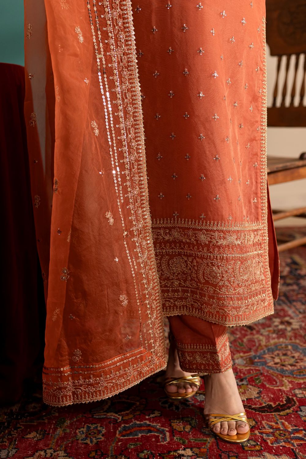 Batik | Rust Gold 3Pc - Embroidered Luxe Pret | Ready to wear - Image 7