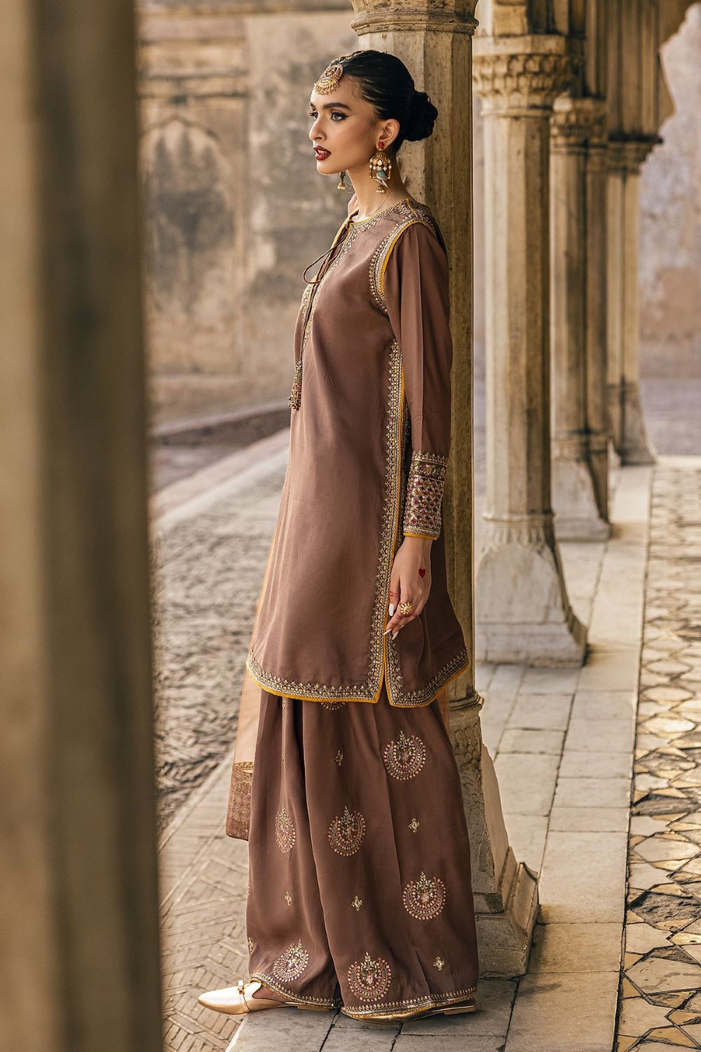 Charizma | 3-PC Embroidered Raw-Silk Suit CMA-4-107- BROWN | Ready To Wear - Image 2