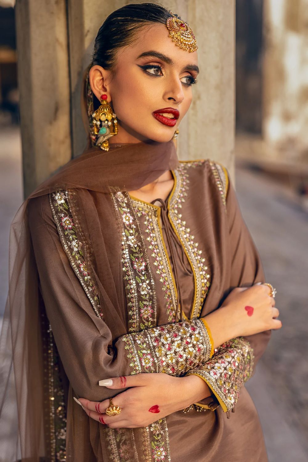 Charizma | 3-PC Embroidered Raw-Silk Suit CMA-4-107- BROWN | Ready To Wear - Image 4